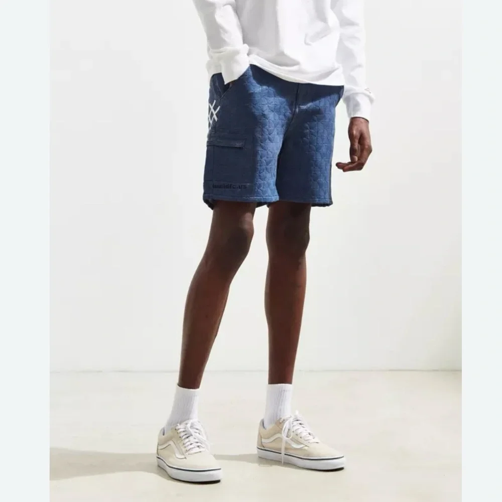 Urban Outfitters Lucid FC Denim Shorts Mens XL Blue Quilted Embroidery Logo NWOT